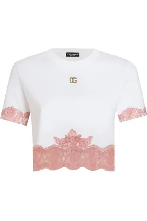 Dolce & Gabbana T-Shirt Crop In Jersey Con Inserti In Pizzo E Logo Dg