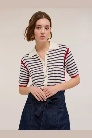 Motivi Maglia effetto crochet a righe con bottoni Donna