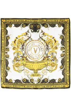 VERSACE Donna Sciarpe - Foulard in seta con logo V-emblem Bianco/Oro
