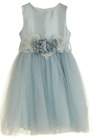 Bella Abito in mikado e tulle con cintura floreale Celeste