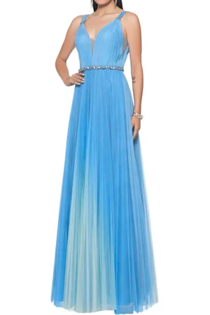 IMPERO Abito elegante lungo in tulle plissettato con cintura gioiello turchese