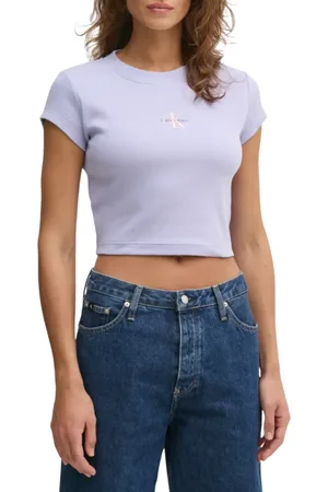 Calvin Klein T-shirt crop a costine con logo lavanda