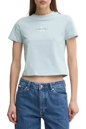 Calvin Klein T-shirt crop manica corta con logo verde acqua