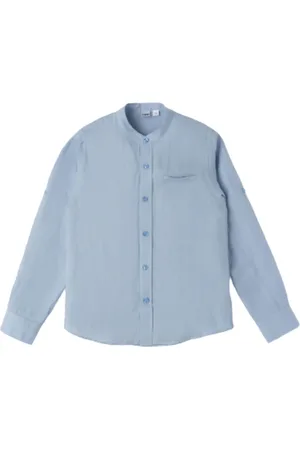 iDo(Dodipetto) Camicia alla coreana in lino a manica lunga celeste