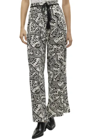 VERO MODA Pantaloni gamba larga in fantasia panna nero