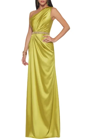IMPERO Abito elegante lungo monospalla satin con cinta gioiello acido