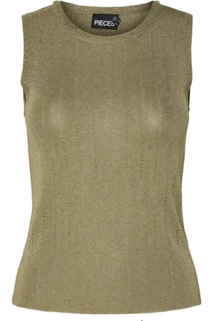 Pieces® Top gilet in maglia lurex verde militare