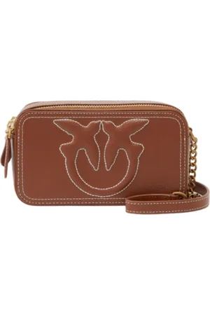 Pinko Borsa Carrie in pelle martellata con logo Love Birds color cuoio