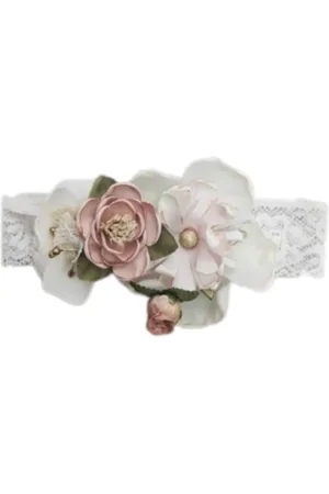 Mimilù Coroncina da bambina in pizzo con fiori bianco rosa