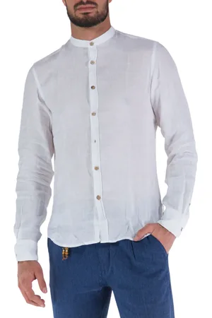 YES-ZEE Yes Zee camicia alla coreana in lino manica lunga