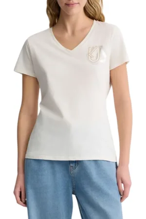 Liu Jo T-shirt scollo a V con logo strass avorio