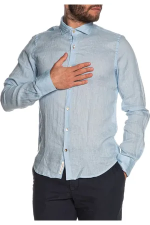 YES-ZEE Yes Zee camicia maniche lunghe in lino con collo francese celeste