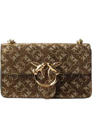 Pinko Borsa Love One Mini Light in fantasia monogram con strass bronzo oro