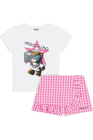 Moschino Completo T-shirt e shorts a quadri stampa orsetto rosa