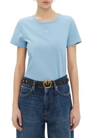 Pinko T-shirt manica corta Bussolotto con logo ricamato celeste