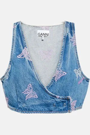 Ganni Top cropped di jeans con ricami