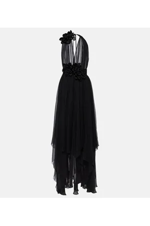 Dolce & Gabbana Abito lungo in chiffon di seta con applicazione floreale