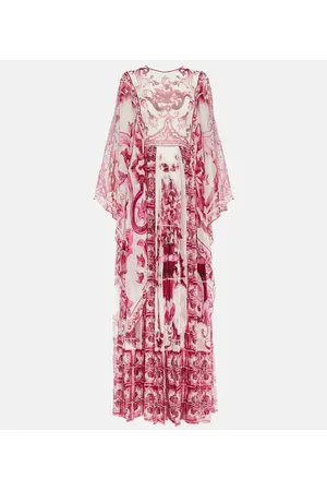 Dolce & Gabbana Abito lungo in chiffon di seta con stampa Majolica