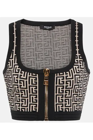 Balmain Top cropped in misto lana con monogramma