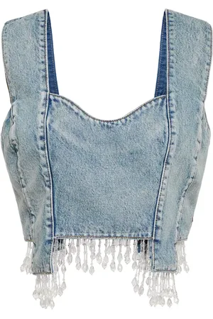 Ganni Top cropped di jeans con perline