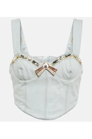 AREA Top cropped di jeans con cristalli