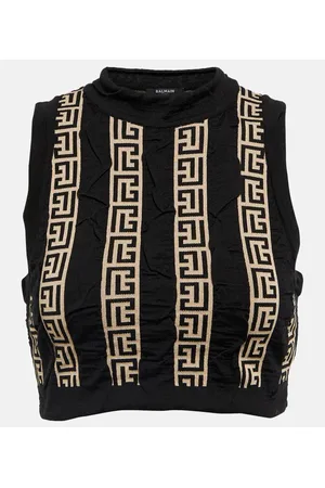 Balmain Top cropped in misto lana con monogramma