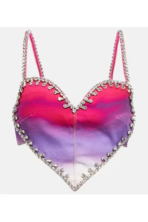 AREA Top cropped in denim con cristalli