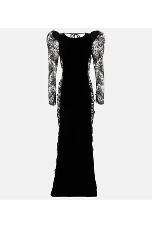Alessandra Rich Abito lungo in velluto con pizzo