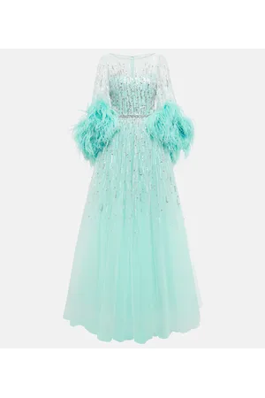 Jenny Packham Abito lungo Imani in tulle con piume e paillettes