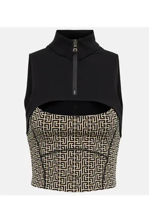 Balmain Top cropped in jersey con monogramma