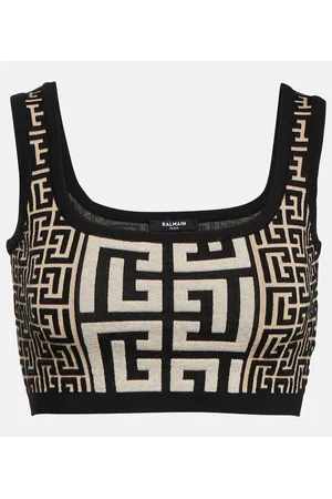 Balmain Top cropped in jacquard con monogramma