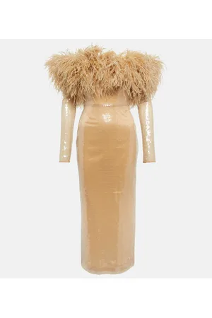 DAVID KOMA Abito midi con paillettes e piume