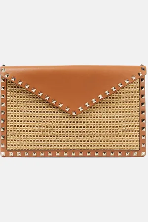VALENTINO GARAVANI Clutch Rockstud Large in rafia con pelle