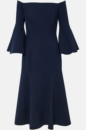 Oscar de la Renta Abito midi in misto lana con scollo bardot