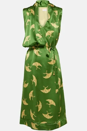 DRIES VAN NOTEN Abito midi in raso di seta con stampa