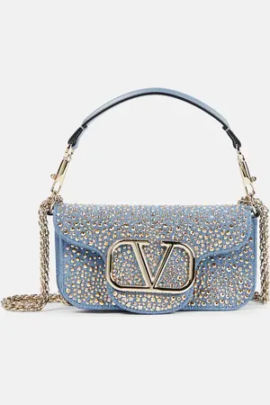 Borsa a spalla Locò Small in denim con cristalli