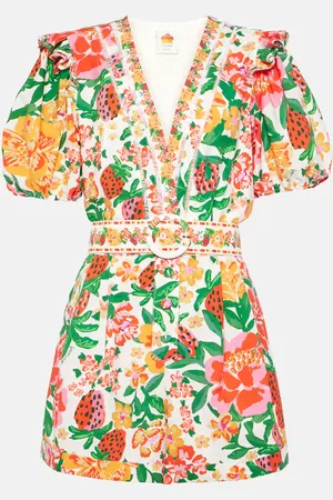 Farm Rio Jumpsuit corta Flowerful Sketch in cotone