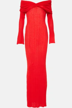 AYA MUSE Abito lungo in misto lino con scollo bardot