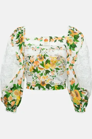Farm Rio Blusa in cotone con pizzo e stampa