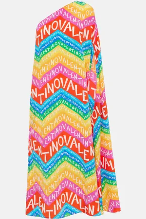 VALENTINO Abito midi monospalla in seta con logo