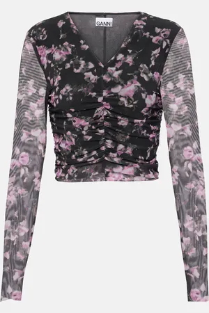 Ganni Top cropped in mesh con stampa