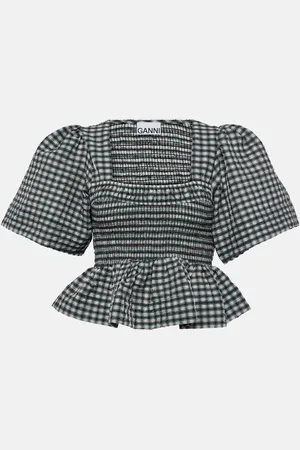 Ganni Top in seersucker a quadri con peplum