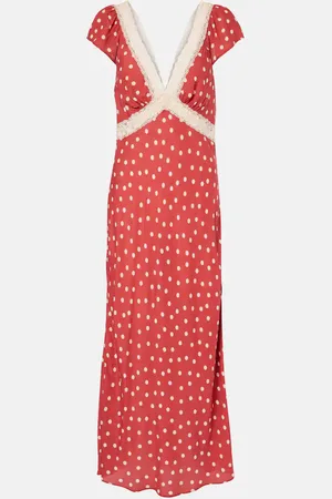 RIXO London Abito midi Iggy in raso a pois con pizzo