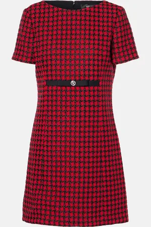 VERSACE Abito corto a quadri in tweed di misto lana