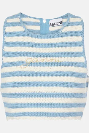 Ganni Top cropped in crochet di cotone a righe