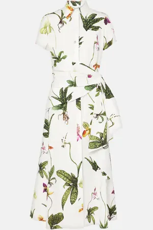 Oscar de la Renta Abito midi Orchid in popeline con stampa