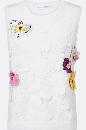 Oscar de la Renta Top in misto cotone con applicazioni floreali
