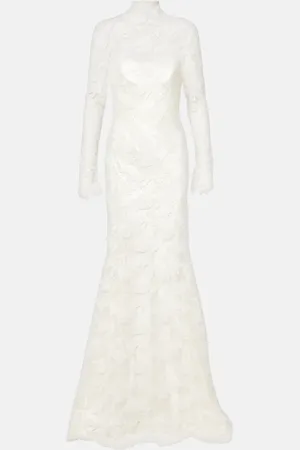 Danielle Frankel Bridal - Abito lungo Adena in lana e seta con pizzo