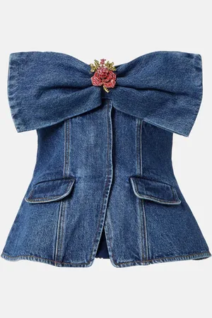 Self-Portrait Top di jeans con cristalli