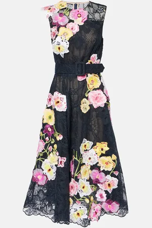 Oscar de la Renta Abito midi Orchid in pizzo con ricamo
